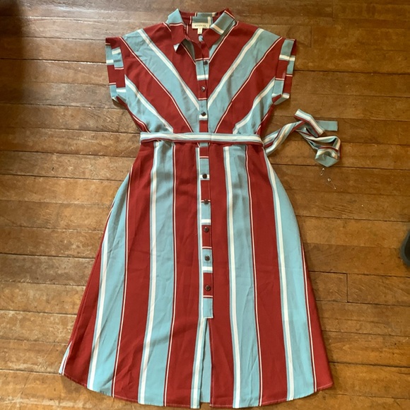 MONTEAU women’s brown and blue pastel  collard TShirt Midi dress, size Medium - Picture 2 of 12